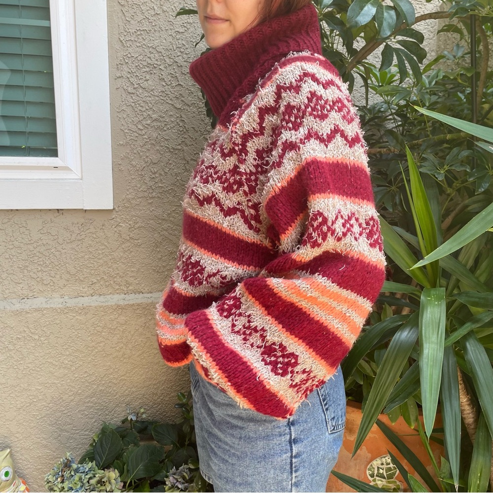 Red and Cream Free People Nordic Turtleneck Sweater